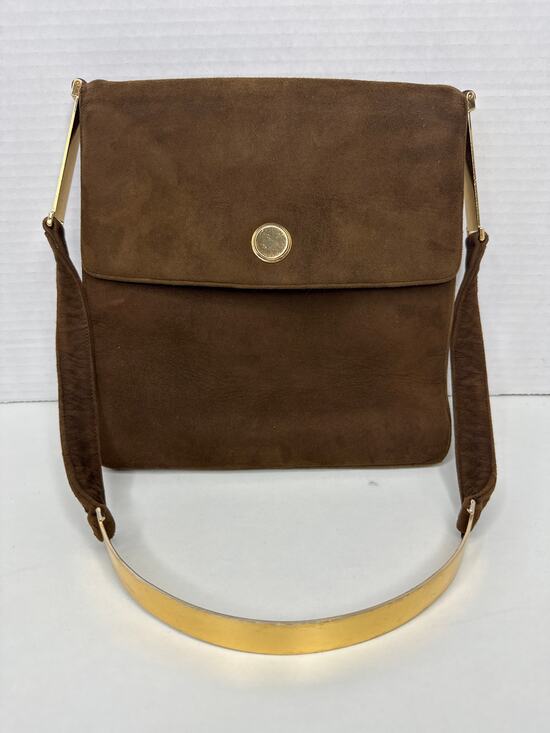 Vintage Handbags - Prestige Vintage suede brown bag with gold hardware & flap closure